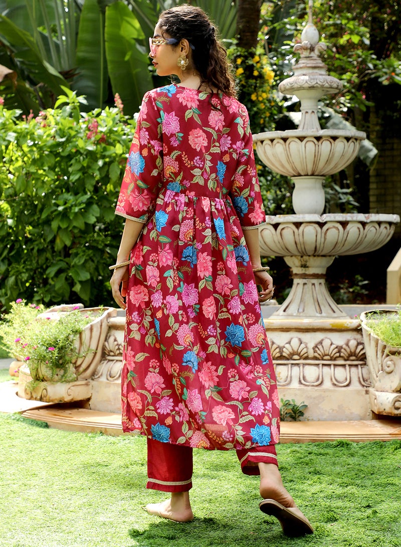 QISSA Women's Crimson Red Flora Cluster Kurta With Trousers And Dupatta For Casual Wear | V-Neck | Quarter Sleeve | 3 Piece Kurta Set Designed With Comfort Fit For Everyday Ethnic Wear - Image 5